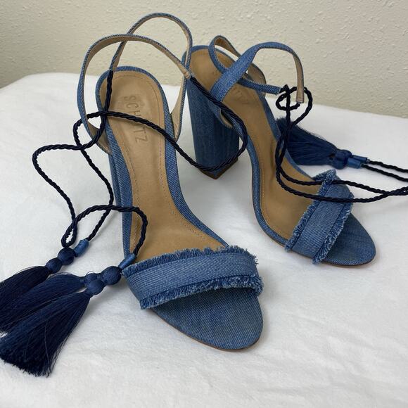 Schutz Denim Chambray Lace Up Tassel Heels Womens Size 8 Blue Fringe - Picture 1 of 10